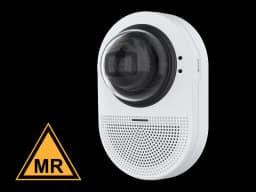 AXIS Q9307-LV from AXIS COMMUNICATIONS - viewed from its left angle. An MR conditional certification placed to the left.