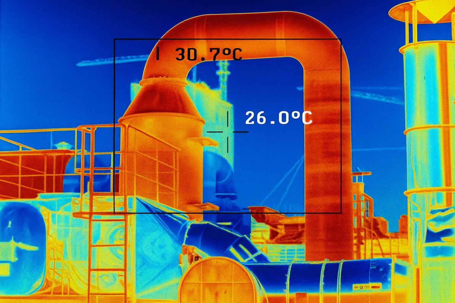 Imagem termográfica de planta industrial mostrando temperaturas