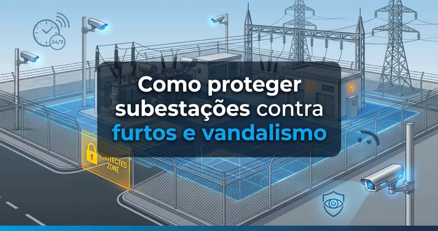 egurança eletrônica em subestação de energia com CFTV IP corporativo e proteção perimetral em operação 24/7